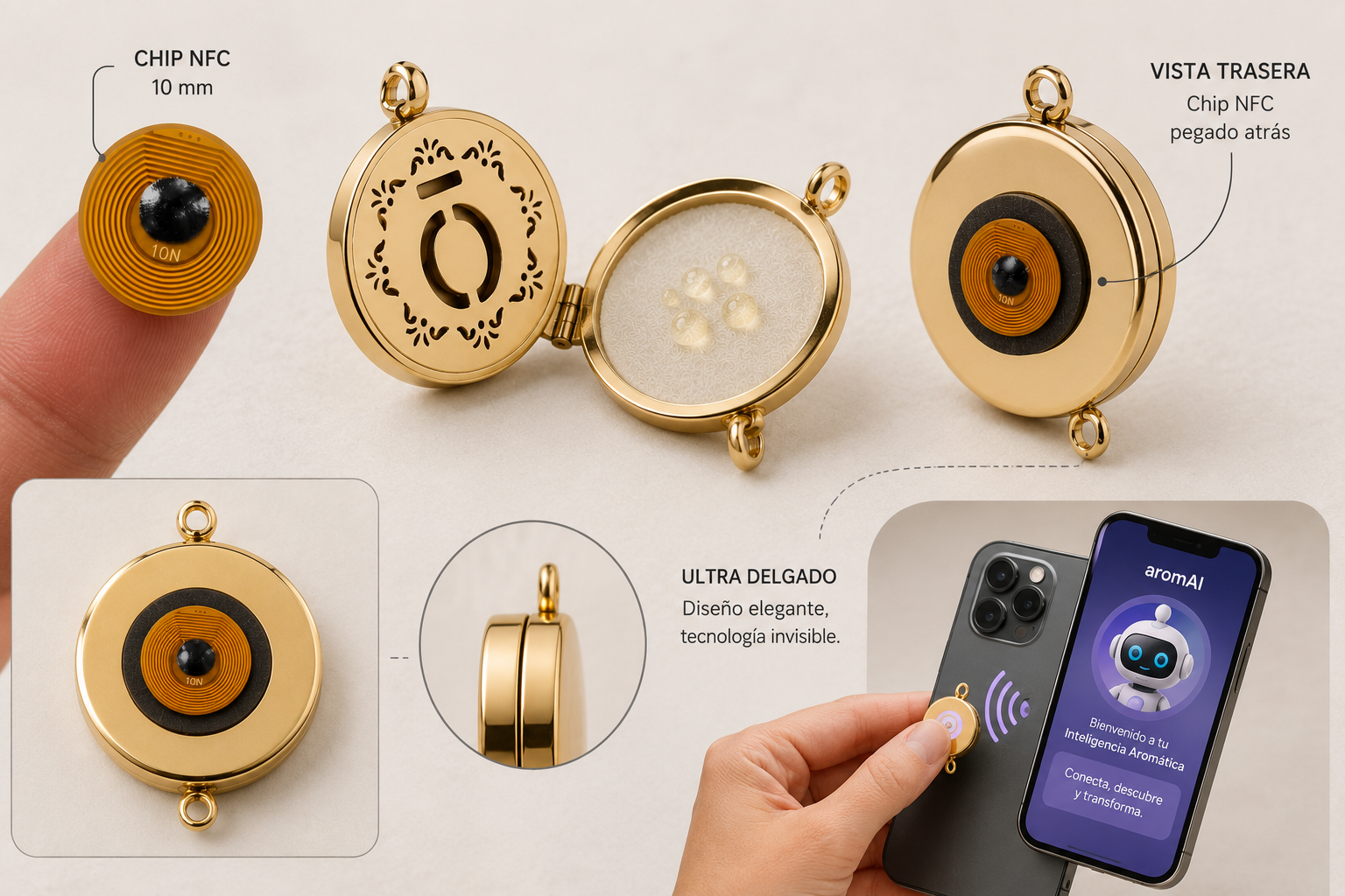 Demostración del Charm NFC: chip integrado en la parte trasera y teléfono activando aromAI al acercarse
