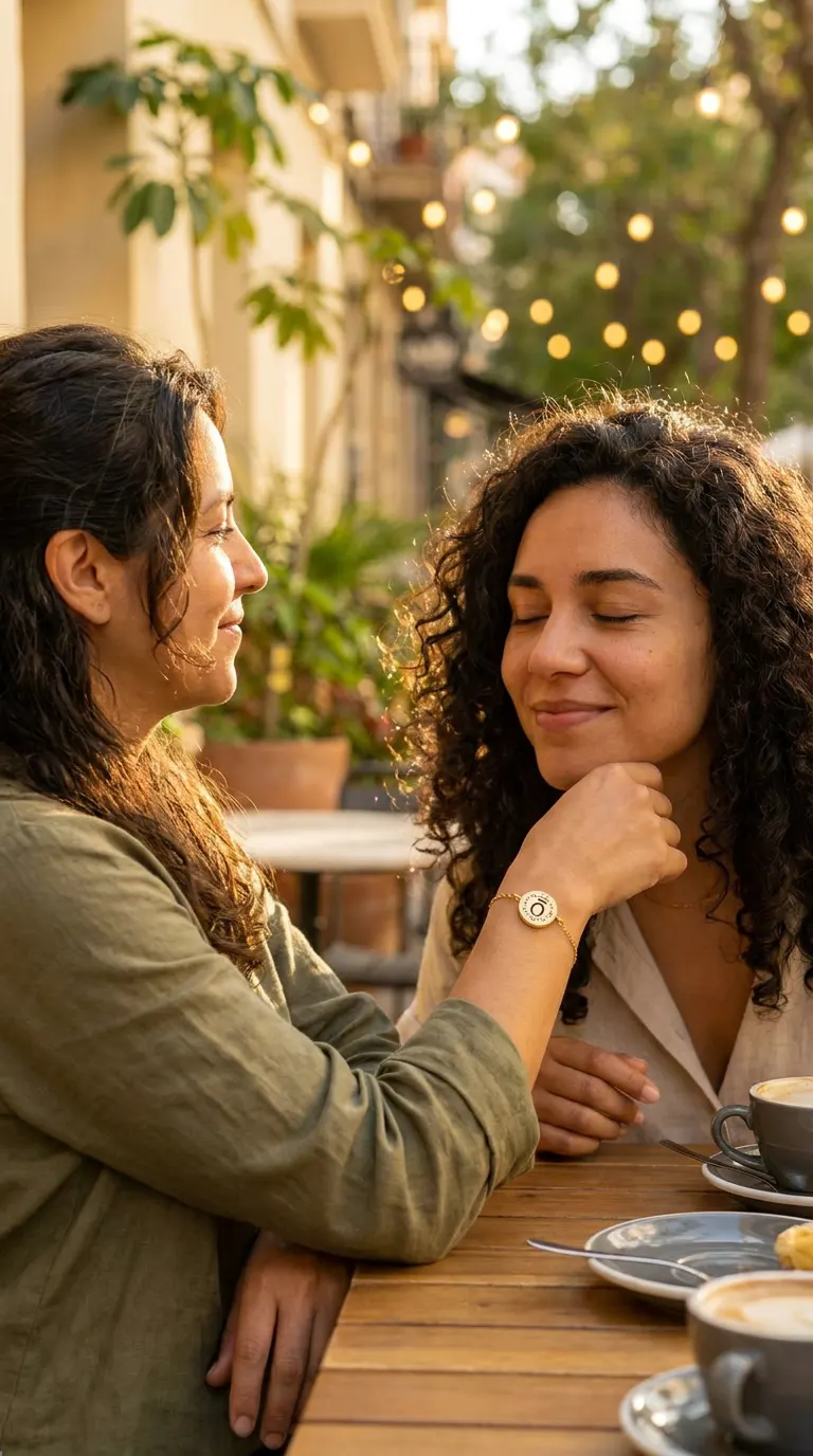 En la terraza de un café, una mujer cierra los ojos y sonríe al oler la joya aromática dorada que su amiga lleva en la pulsera