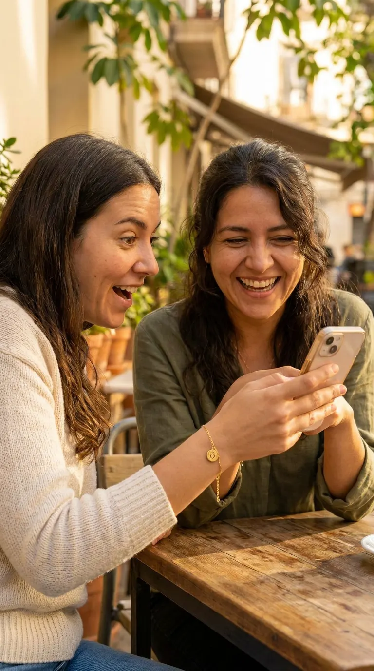 Dos amigas ríen sorprendidas al ver en el celular lo que aromAI les responde; una lleva la joya dorada en la pulsera