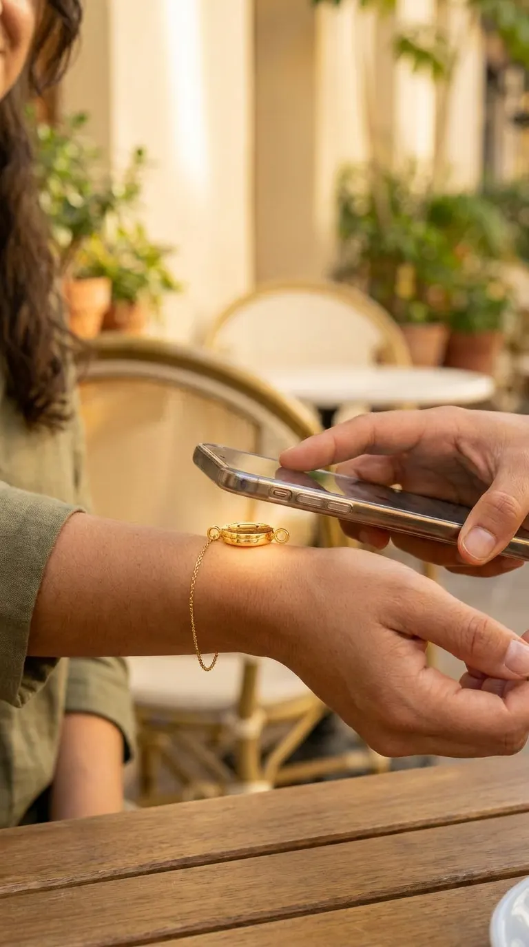 Una mano acerca el celular a la joya dorada en la muñeca de otra persona para hacerle tap
