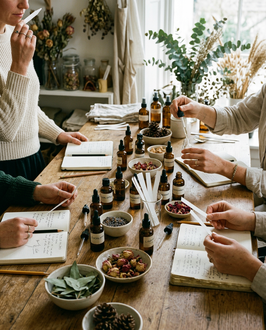 Mesa de taller con frascos de aceites esenciales, tiras olfativas y libretas