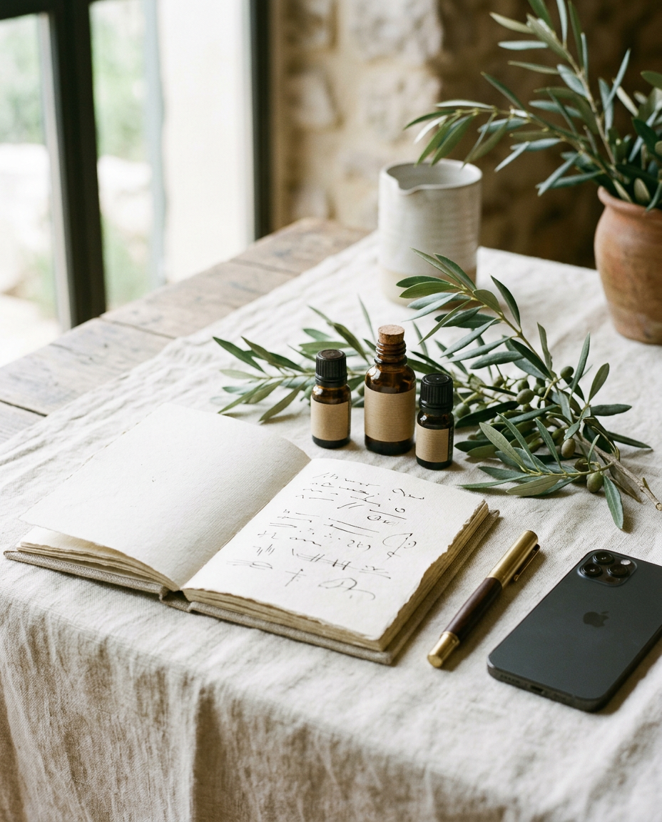 Escritorio con libreta abierta, frascos de aceite y un teléfono