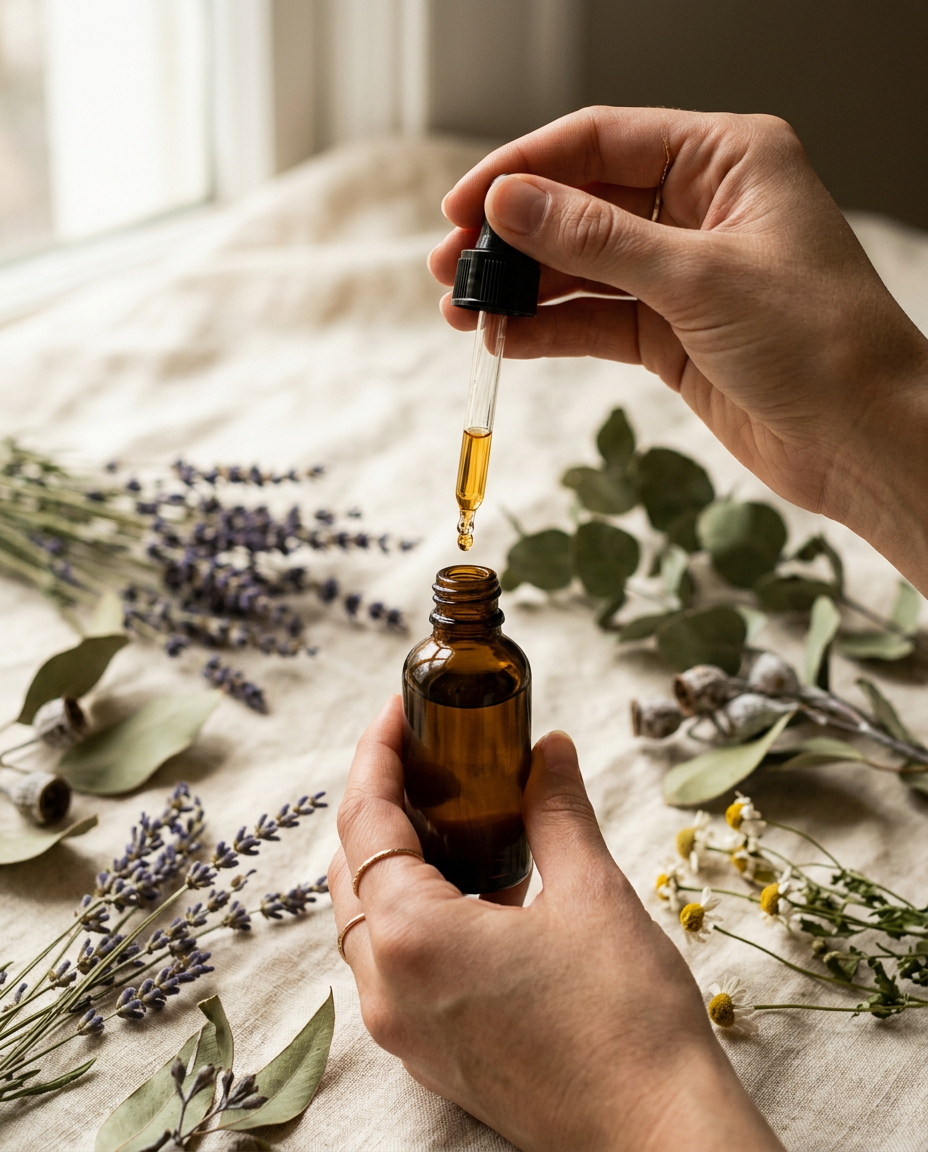 Manos sosteniendo un frasco de aceite esencial sobre una mesa con hojas y flores secas