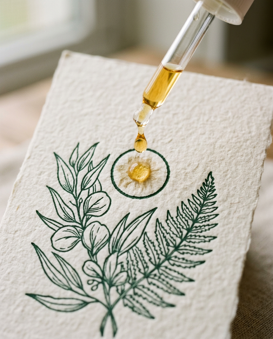 Imagen conceptual de una gota de aceite cayendo sobre una tarjeta de papel texturizado