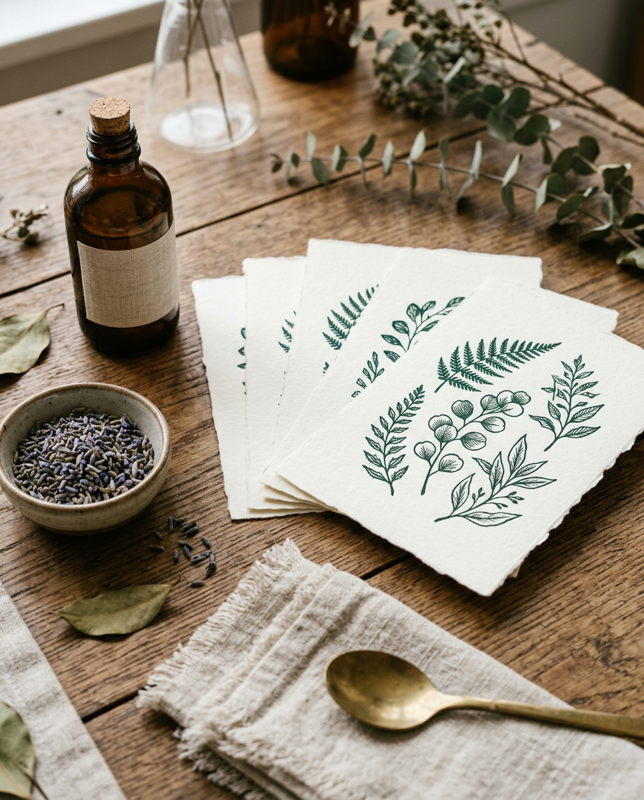 Imagen conceptual de tarjetas sobre una mesa de taller con aceites esenciales